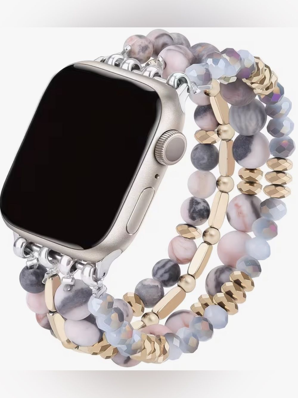 Apple Watch Stretch Band in Pastel Pink, Gray & Gold Beads